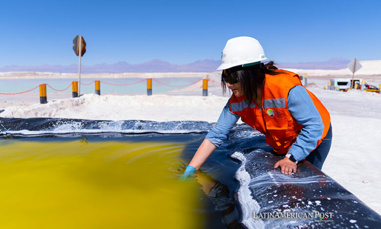 Fotografía de archivo fechada el 24 de octubre de 2022 de una trabajadora de la Sociedad Química y MInera de Chile (SQM) mientras muestra litio en salmuera, en San Pedro de Atacama (Chile).