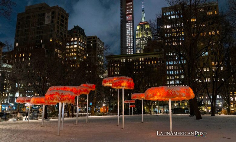 Fotografía de la obra "Dejar que el cielo sepa", de la artista argentina Ana María Hernado, una instalación que estará hasta el 17 de marzo en la plaza Madison Square Park, hoy en Manhattan, Nueva York (EE. UU).