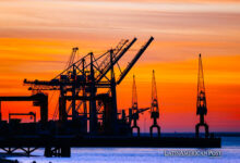 Maquinaria portuaria durante la puesta de sol