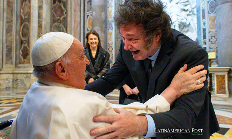 A handout picture provided by the Vatican Media shows Pope Francis meets Argentina's President Javier Milei in St. Peter's Basilica