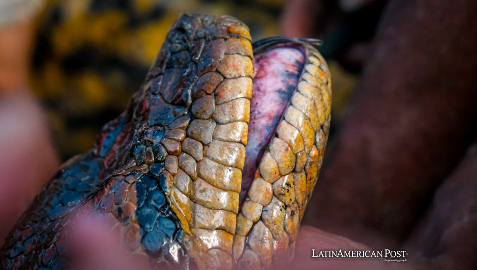 Close-up of a northern green anaconda head.