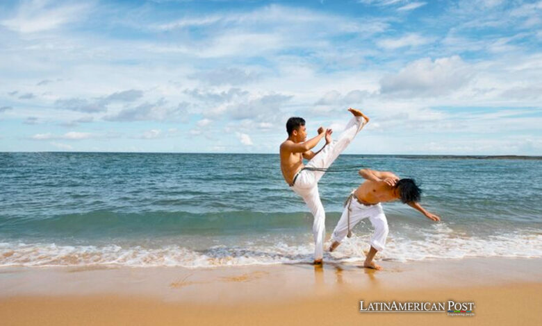Two men practicing capoeira
