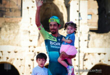 Second-placed Daniel Felipe Martinez of Bora Hansgrohe poses on the podium after the Giro d'Italia