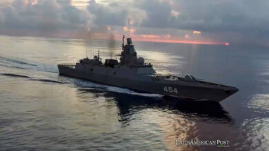 A still image taken from a handout video made available on 11 June 2024 by the Russian Defence Ministry press-service shows Russian Navy's 'Admiral Gorshkov' frigate taking part in military drills in the Atlantic Ocean while en route to Cuba.