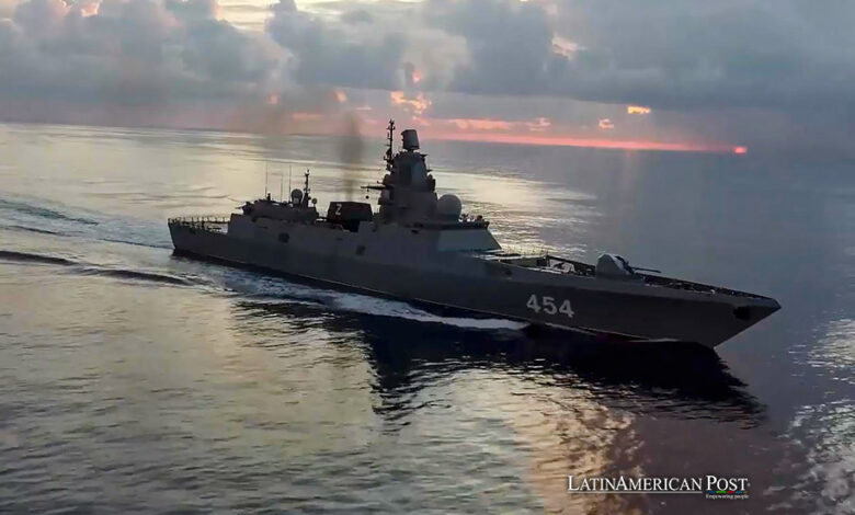A still image taken from a handout video made available on 11 June 2024 by the Russian Defence Ministry press-service shows Russian Navy's 'Admiral Gorshkov' frigate taking part in military drills in the Atlantic Ocean while en route to Cuba.