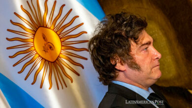 Argentina's President Javier Milei talks to media