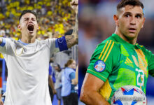 Combo de dos fotografías donde se ve al jugador colombiano James Rodríguez (i) y al portero argentino Emiliano Martínez.