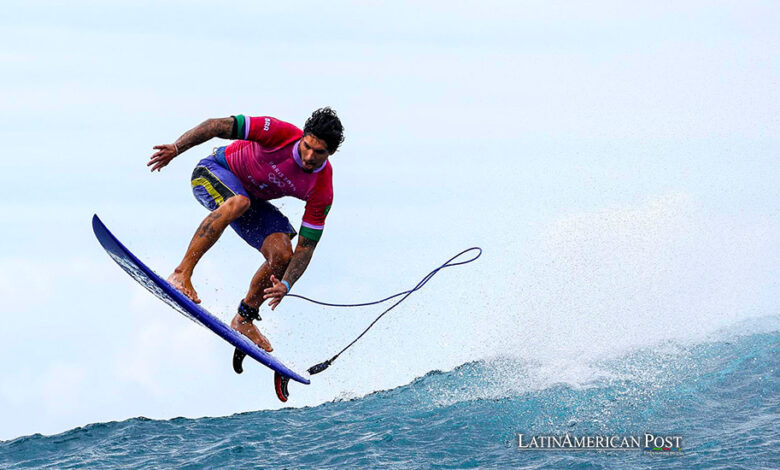 Gabriel Medina of Brazil in action during the Men round 3 of the Surfing competitions in the Paris 2024 Olympic Games, in Teahupo'o, Tahiti