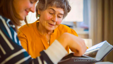 Grandmother and her young granddaughter spent great time together, family members look at photos from the youth of an elderly parent, through the pages of the album and recall funny stories from life.