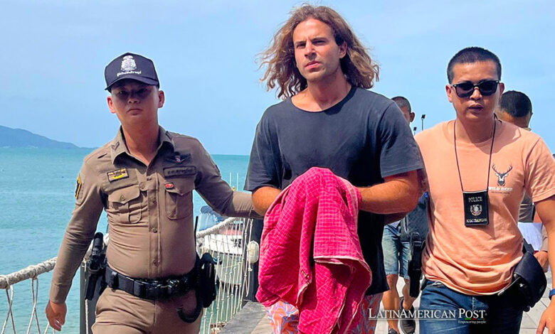 Spanish chef Daniel Sancho Bronchalo (C) is escorted by Thai police officers as they arrive at a port before going to the court in Koh Samui island, southern Thailand, 07 August 2023