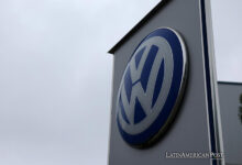 The Volkswagen logo is seen at the Volkswagen (VW) vehicle factory in Osnabruck, Germany, 04 September 2024.