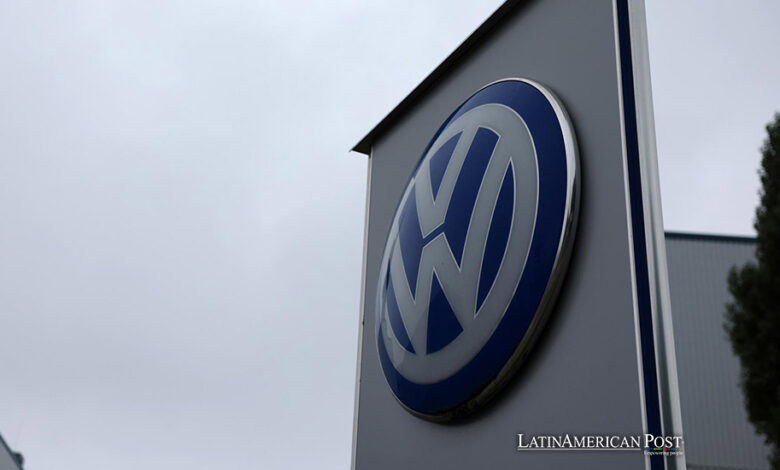 The Volkswagen logo is seen at the Volkswagen (VW) vehicle factory in Osnabruck, Germany, 04 September 2024.