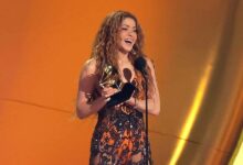 Colombian Icon Shakira Shimmers In Etro Fashion at Grammys