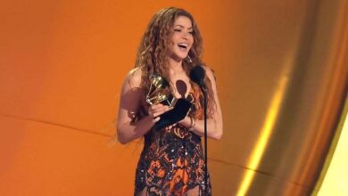 Colombian Icon Shakira Shimmers In Etro Fashion at Grammys