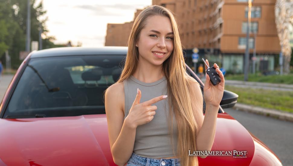 Mujer mostrando su kia nuevo